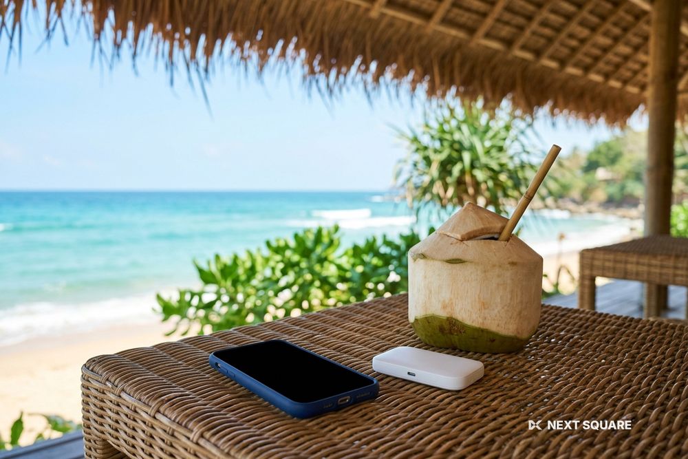 海辺のカフェのテーブルにスマートフォンとポケットWiFiルーターを置いたイメージ