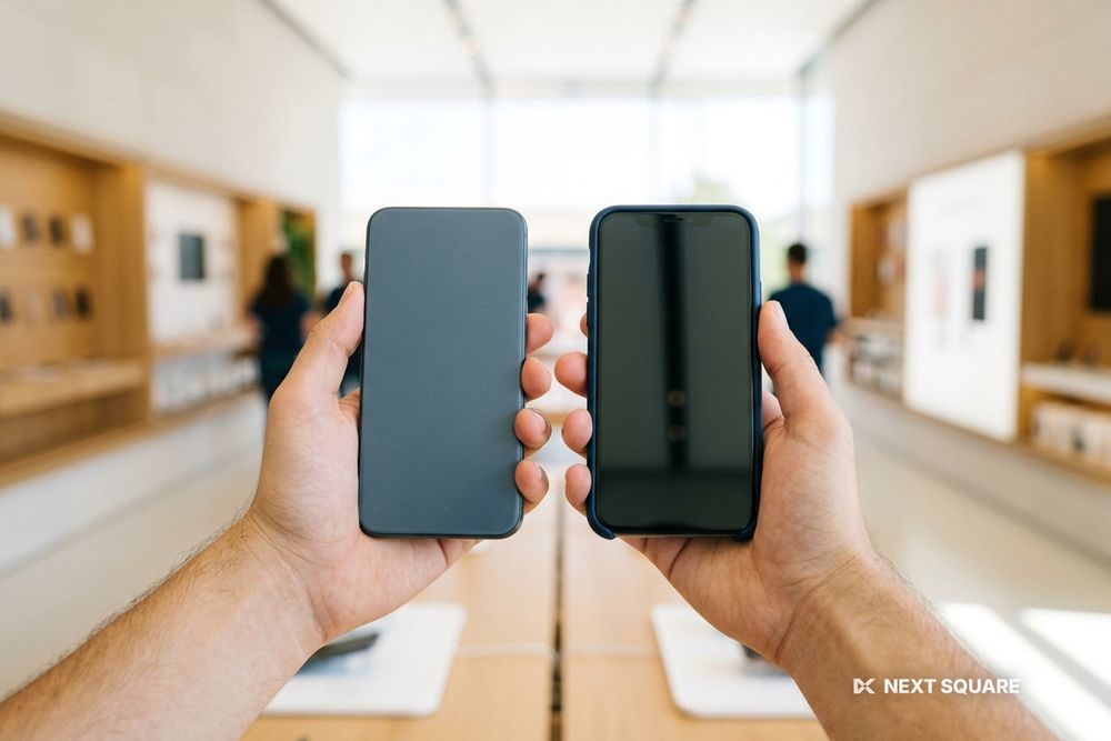 二台のスマートフォンを手に持って見比べるイメージ