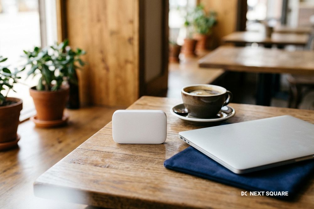 カフェのテーブルに置いたポケット型WiFi、ノートパソコン、コーヒーのイメージ