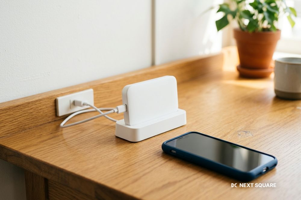机の上で充電台に置いたモバイルルーターとコンセントのイメージ
