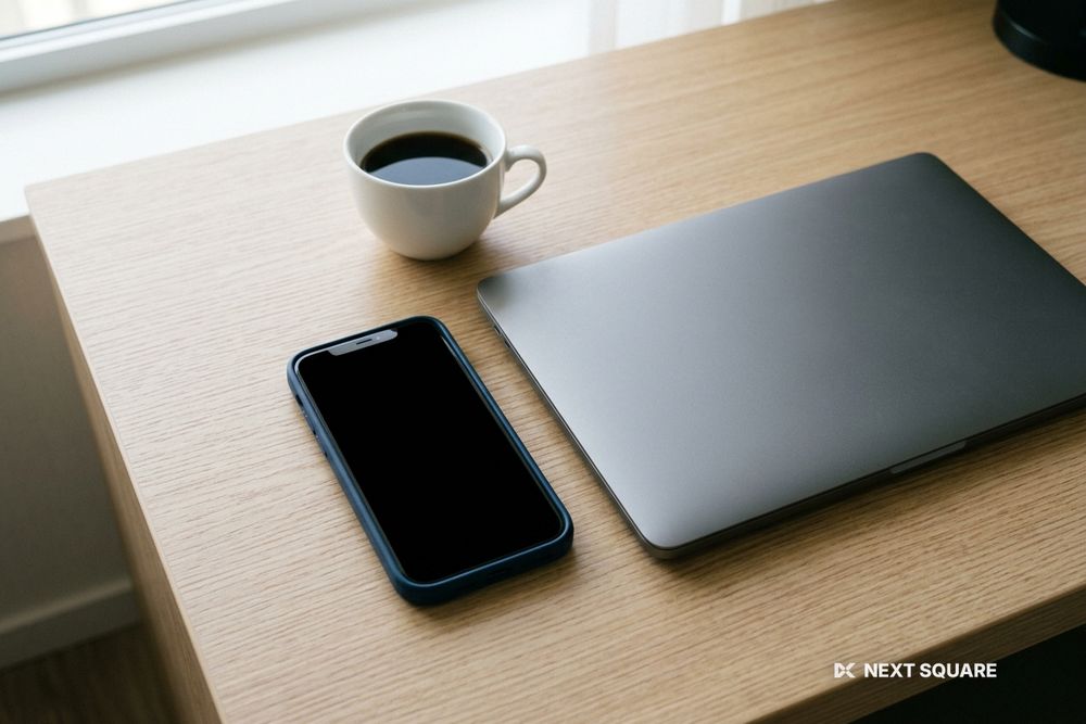 ホテルの机にスマートフォンとノートパソコン、コーヒーを置いたイメージ