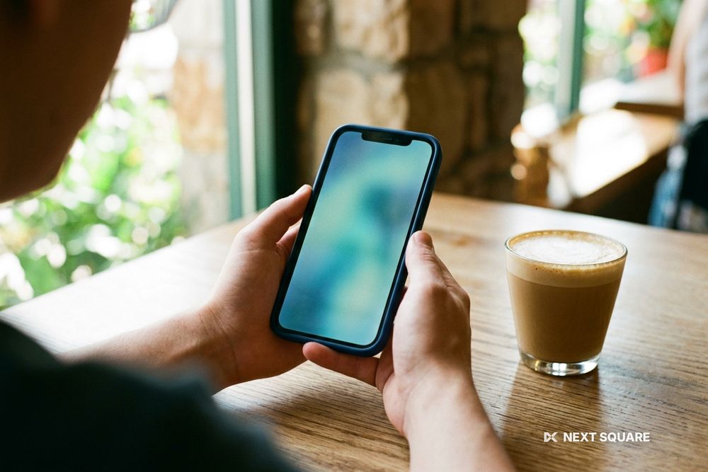 カフェでスマートフォンを両手で持つイメージ