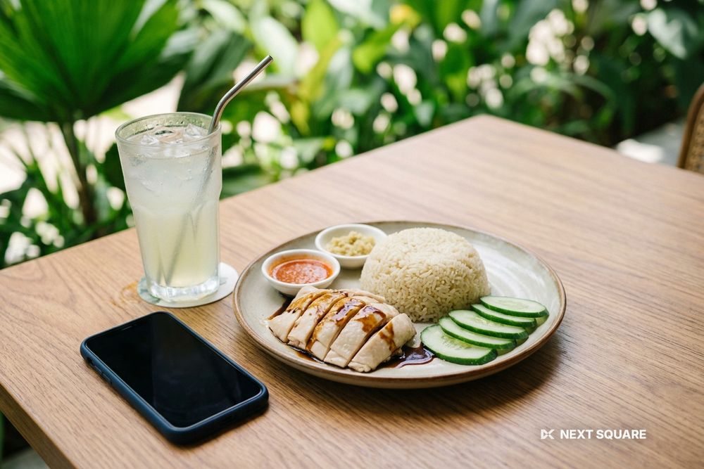 屋外のフードコートでチキンライスとスマートフォンを置いたイメージ