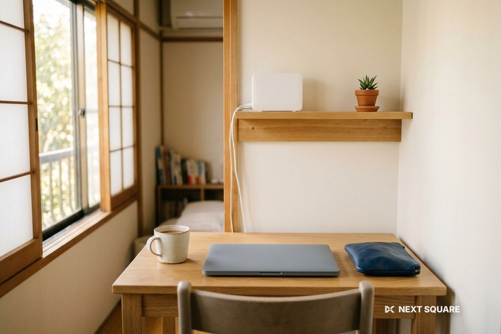 一人暮らしの部屋の机と棚の上のルーターのイメージ
