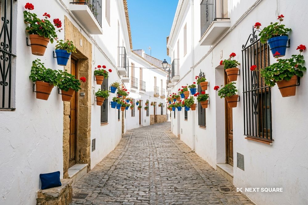 白壁に花の鉢が飾られた南スペインの旧市街の路地のイメージ