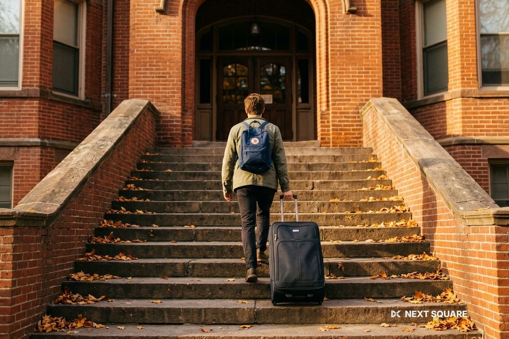 大学の寮の階段をスーツケースを持って上る学生のイメージ