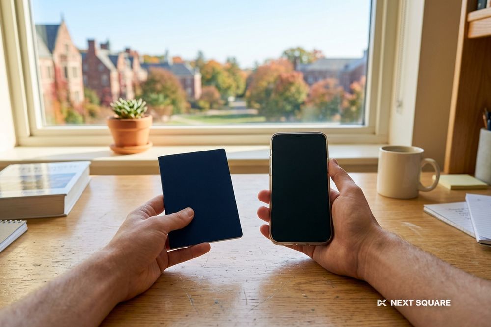 留学先の部屋でスマートフォンとパスポートを手に持つイメージ