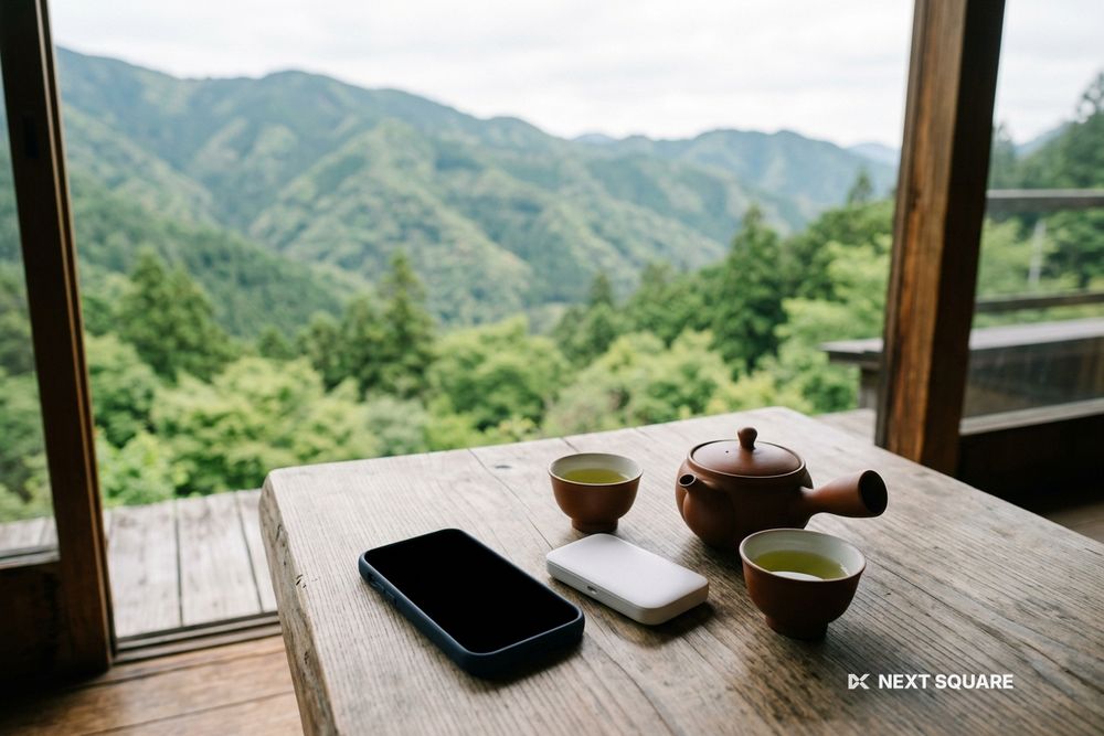 茶藝館のテーブルにスマートフォンとポケットWiFiルーターを置いたイメージ