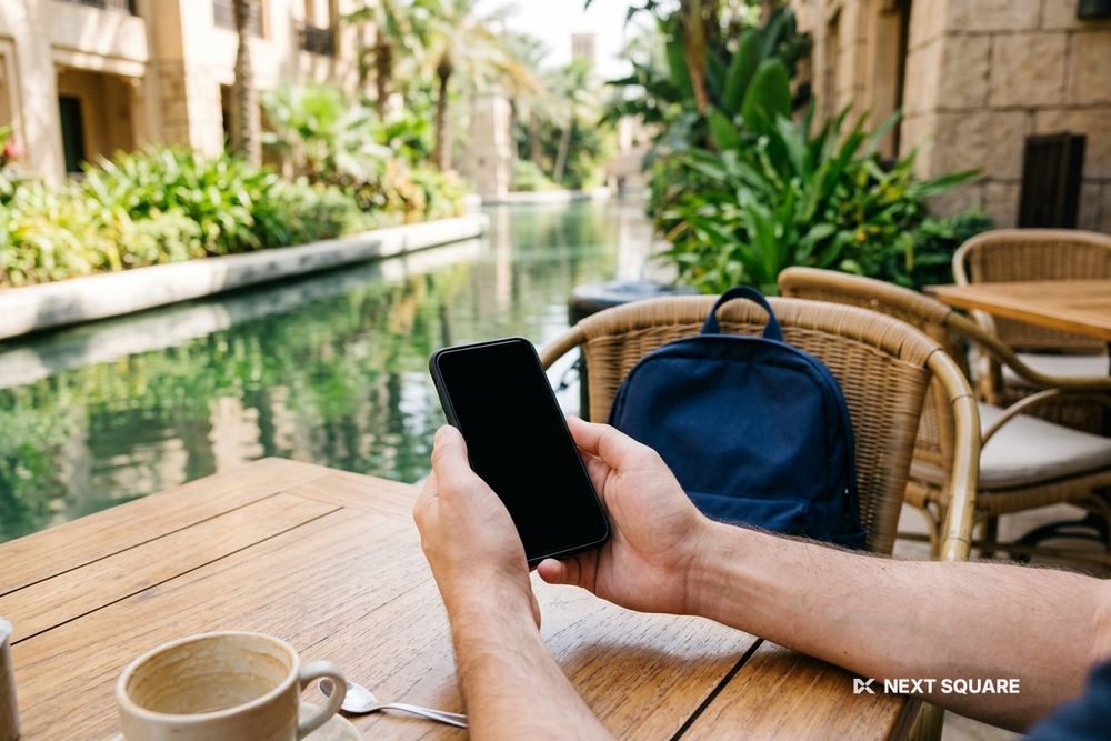 運河沿いのカフェでスマートフォンを手にしたイメージ
