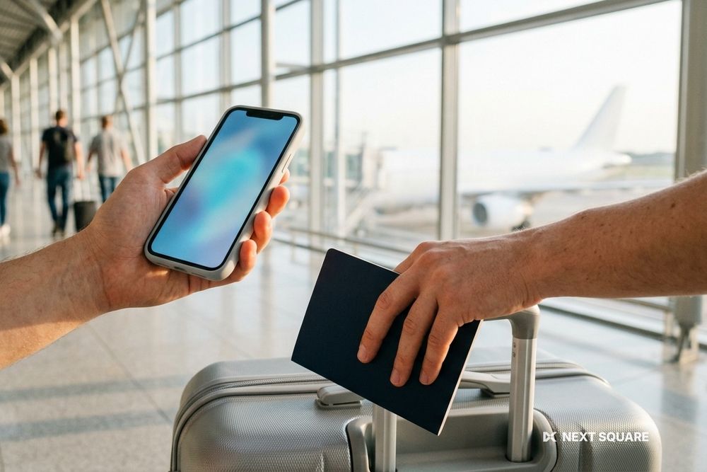 空港の到着ロビーでスーツケースの持ち手に手を置きスマートフォンを確認するイメージ