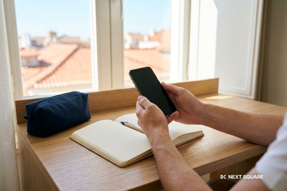 ホテルの部屋の机でノートを横にスマートフォンを両手で持つイメージ