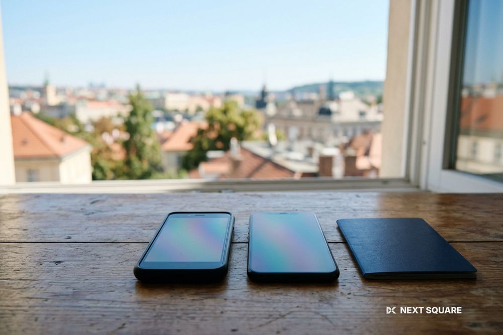 窓辺のテーブルにスマートフォンを並べたイメージ