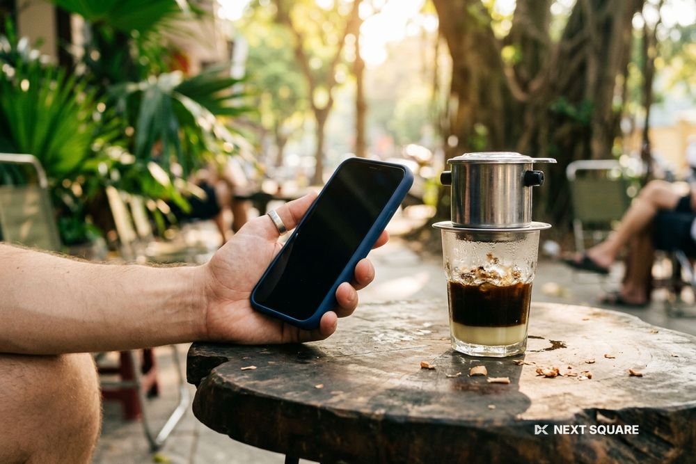カフェでベトナムコーヒーの横にスマートフォンを手にしたイメージ