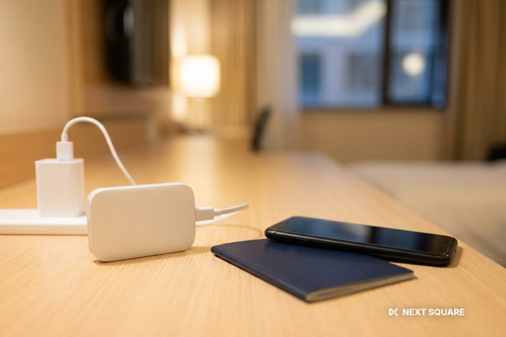 ホテルのデスクでポケットWiFiルーターを充電しているイメージ