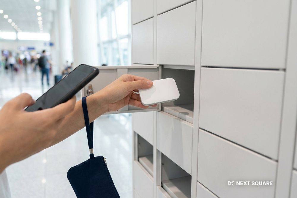 空港の貸出機のスロットからポケットWiFiルーターを取り出しているイメージ