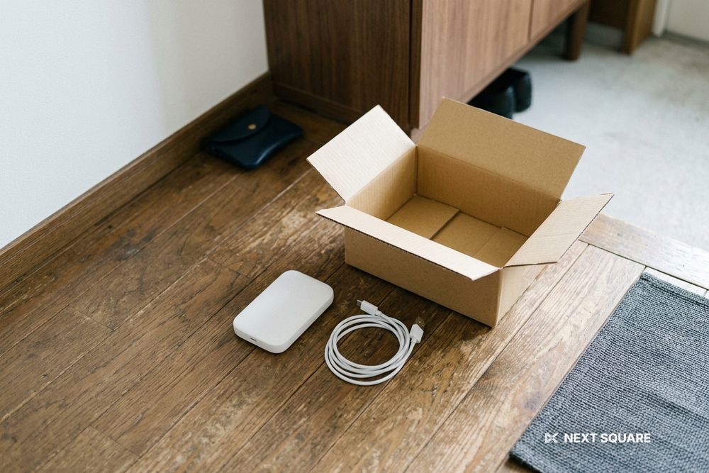 玄関に届いたポケットWiFiルーターと箱のイメージ
